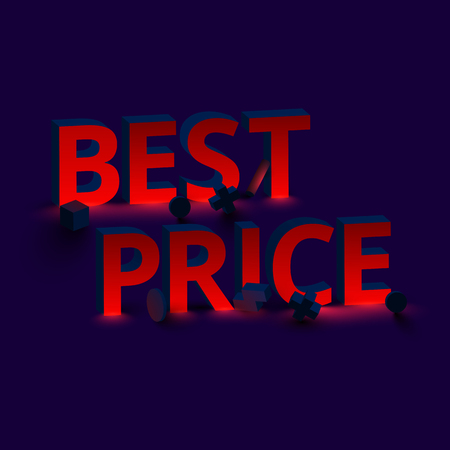 Red best price 3d sign with geometric figures on purple background. Vector illustration. のイラスト素材