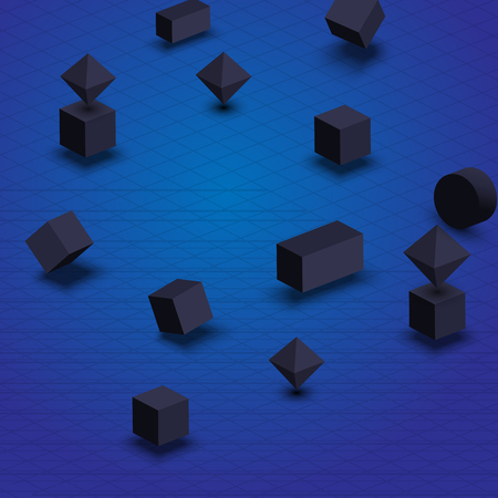 Blue checkered background with black geometric 3d figures. Vector illustration.

のイラスト素材