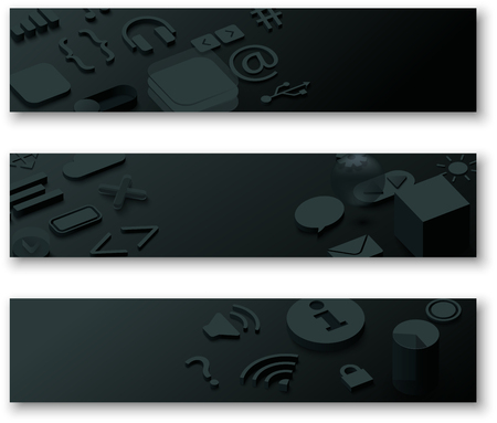 Three black 3d banners with web symbols. Vector illustration.のイラスト素材