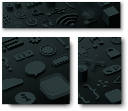 Three black 3d backgrounds with web symbols. Vector illustration.のイラスト素材