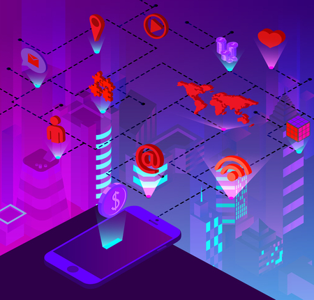 Abstract purple background with mobile app for smartphone. Vector 3d illustration.のイラスト素材
