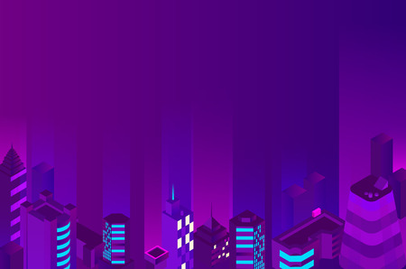 Abstract night purple cityscape background with 3d buildings. Vector illustration.のイラスト素材