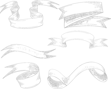Set of decorative paper ribbons and banners sketch isolated on white background. Vector illustration.のイラスト素材