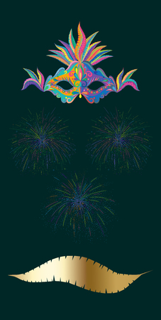 Green carnival background with bright colour mask and fireworks. Vector illustration.のイラスト素材