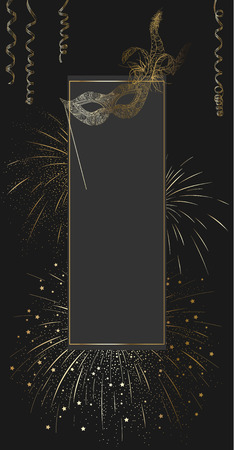 Black carnival background with gold mask, serpentine and firework. Vector illustration.のイラスト素材