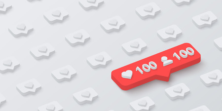 White textured background with red 3d 100 likes counter web sign. Vector illustration.のイラスト素材