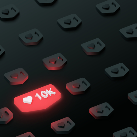Black textured background with red 3d 10k likes counter web sign. Vector illustration.