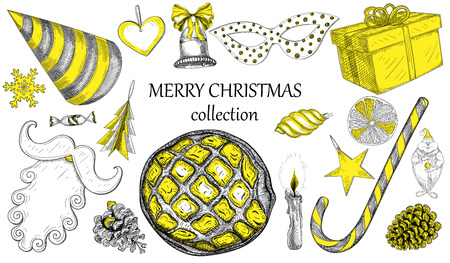 Yellow Merry Christmas symbols collection isolated on white. Vector paper illustration.のイラスト素材