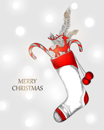 White shiny Merry Christmas background with red sock. Vector illustration.のイラスト素材