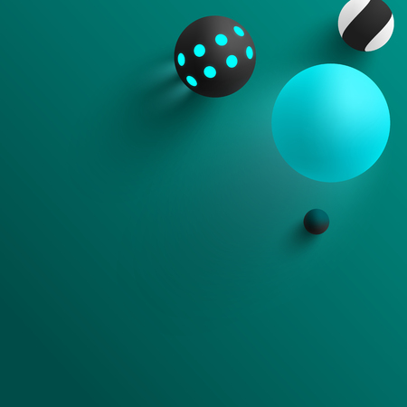 Green background with colorful 3d balls. Vector top view illustration.のイラスト素材