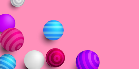 Pink background with striped colorful 3d balls. Vector illustration.のイラスト素材