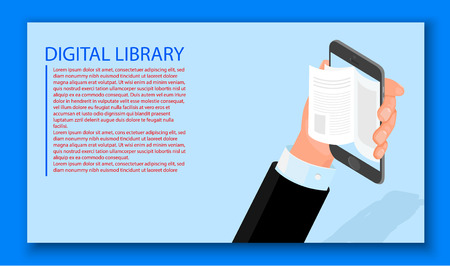 Digital library blank template. Blue background with hand and smartphone. Vector paper illustration.のイラスト素材