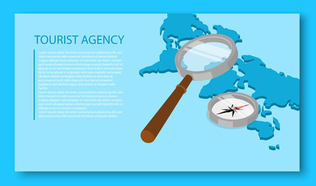Tourist agency blank template. Blue background with world map silhouette and magnifier. Vector illustration.のイラスト素材