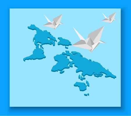 Blue background with abstract world map and paper cranes. Vector illustration.のイラスト素材