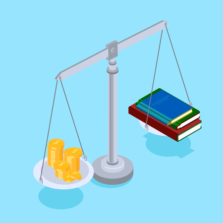 Blue background with comparison of knowledge and money. Vector 3d illustration.のイラスト素材