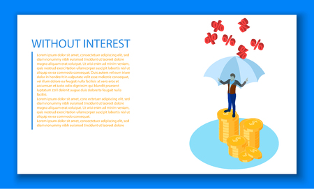 Without interest blank template. White background with businessman and money. Vector paper illustration.のイラスト素材