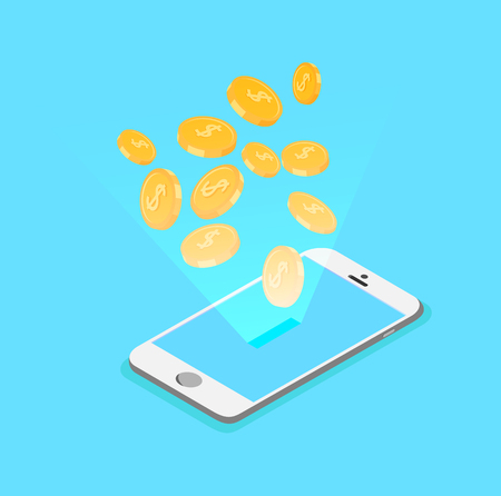 Blue background with smartphone and gold money. Vector 3d illustration.のイラスト素材