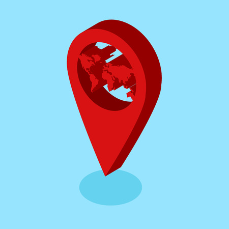 Red 3d web location sign with world map isolated on blue background. Vector illustration.のイラスト素材