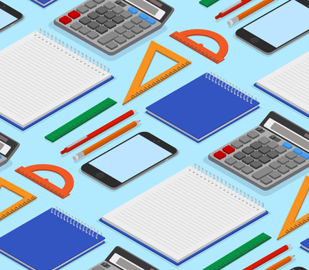 Blue office background with stationery pattern. Vector 3d illustration design.のイラスト素材