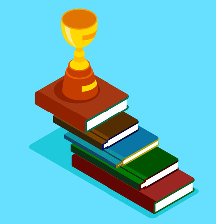 Blue educational background with books and cup. Vector 3d illustration.のイラスト素材