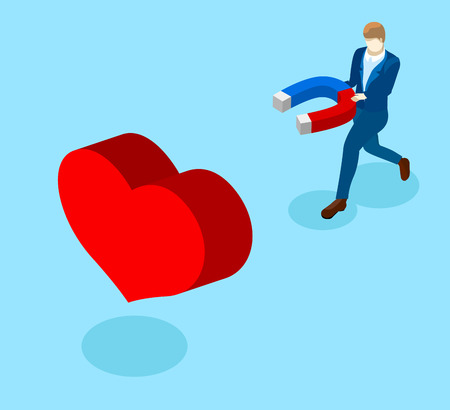 Blue background with man attracts love with magnet and heart. Vector 3d illustration.のイラスト素材