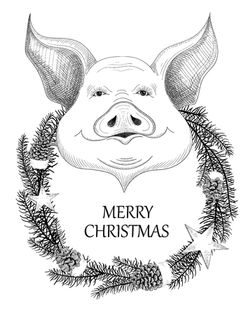 White Merry Christmas background with cute pig and decorative fir branches. Paper sketch. Vector illustration.のイラスト素材