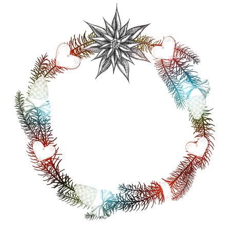 White New Year background with Christmas wreath and poinsettia flower. Paper sketch. Vector illustration.のイラスト素材