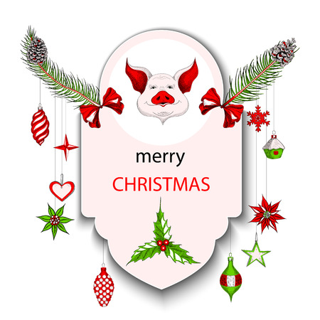 White Merry Christmas card with cute pig and colorful decorations. Vector paper illustration.のイラスト素材