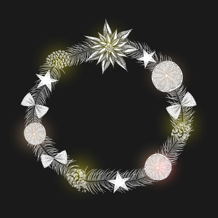Black New Year background with shiny Christmas wreath. Paper sketch. Vector illustration.のイラスト素材