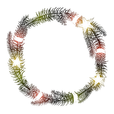 White New Year background with Christmas wreath and stars. Paper sketch. Vector illustration.のイラスト素材