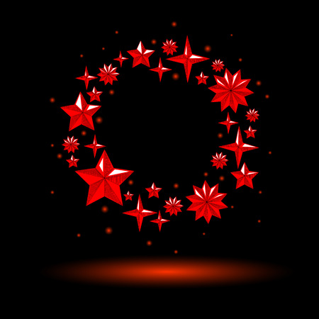 Black New Year background with red Christmas wreath from stars. Vector illustration.のイラスト素材