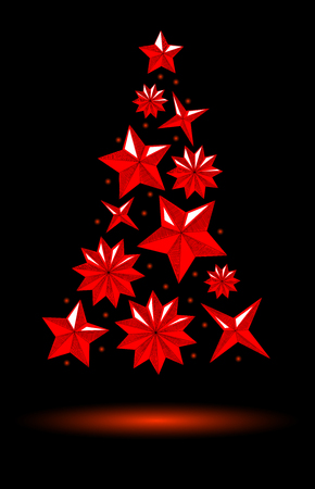 Black New Year background with red Christmas tree with stars. Vector illustration.のイラスト素材
