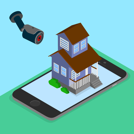 Mobile application for home security and video surveillance. Isometric illustration with smartphone and house on blue background. Vector 3d design.のイラスト素材