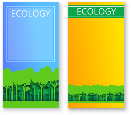Ecology green nature forest blue and orange backgrounds. Paper art style. Vector illustration.のイラスト素材