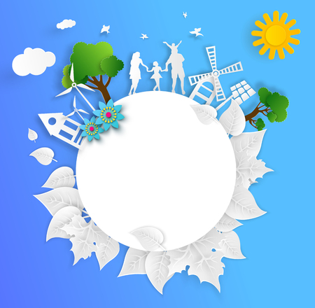 Nature round background and eco friendly world concept with people. Paper art style. Vector illustration.のイラスト素材