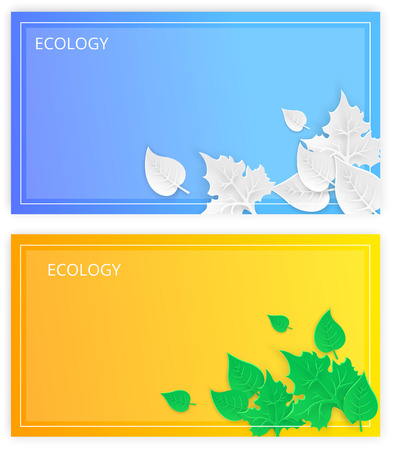 Set of two colorful ecology backgrounds with 3d leaves. Paper art style. Vector illustration.のイラスト素材