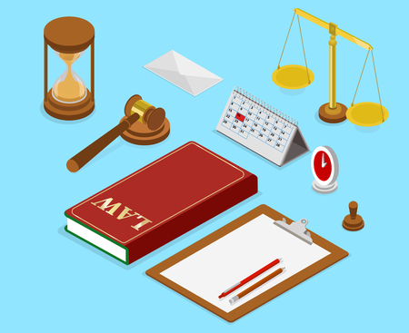 Workplace of judge or lawyer with documents. Isometric illustration on blue background. Vector 3d design.
のイラスト素材