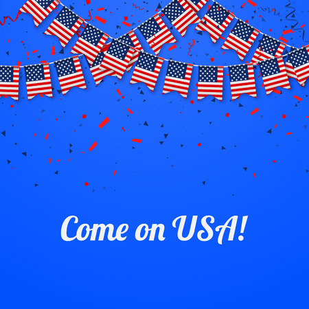 Come on USA! Blue festive background with national flags and confetti. Vector paper illustration.のイラスト素材