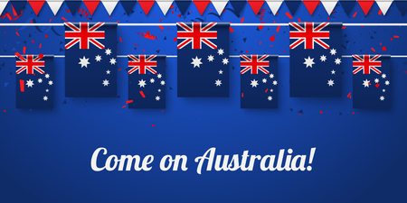 Come on Australia! Blue festive background with national flags and confetti. Vector paper illustration.のイラスト素材