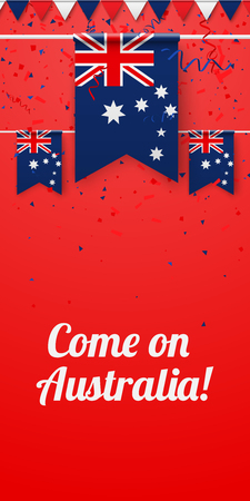 Come on Australia! Red festive background with national flags and confetti. Vector paper illustration.のイラスト素材