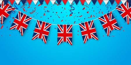Blue festive background with british national flags and confetti. Vector paper illustration.のイラスト素材