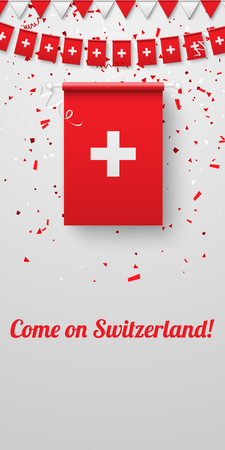 Come on Switzerland! White festive background with national flags and confetti. Vector paper illustration.のイラスト素材