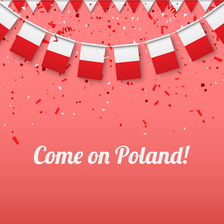 Come on Poland! Pink festive background with national flags and confetti. Vector paper illustration.のイラスト素材