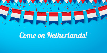 Come on Netherlands! Blue festive background with national flags and confetti. Vector paper illustration.のイラスト素材
