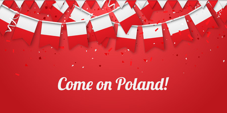 Come on Poland! Red festive background with national flags and confetti. Vector paper illustration.のイラスト素材