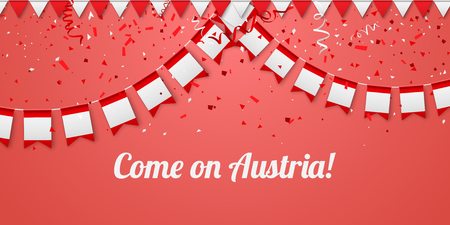 Come on Austria! Pink festive background with national flags and confetti. Vector paper illustration.のイラスト素材