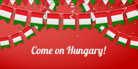 Come on Hungary! Red festive background with national flags and confetti. Vector paper illustration.のイラスト素材