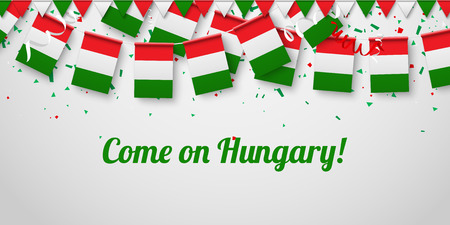 Come on Hungary! White festive background with national flags and confetti. Vector paper illustration.のイラスト素材
