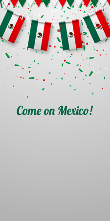 Come on Mexico! White festive background with national flags and confetti. Vector paper illustration.のイラスト素材