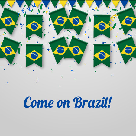 Come on Brazil! White festive background with national flags and confetti. Vector paper illustration.のイラスト素材